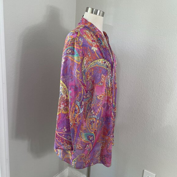 Lauren Ralph Lauren Womens Plus 1X Tunic Top Blouse Purple Paisley Silk Metallic - Picture 3 of 11